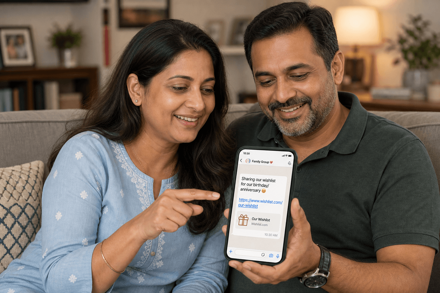Parents sending guests a link to a child’s birthday wishlist on their phone